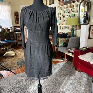 Charcoal grey Trina Turk Jersey knit mini bodycon dress with lace hemline